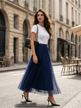 Blue Pleated Mesh Tulle High Waist A-Line Layered Skirt